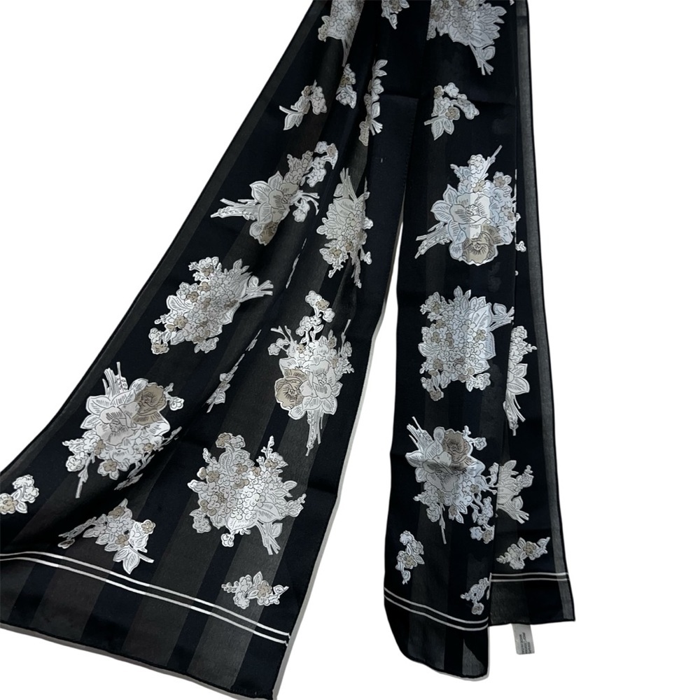Italian Scarf Made in Italy Black Striped with Beige Floral 52x14”